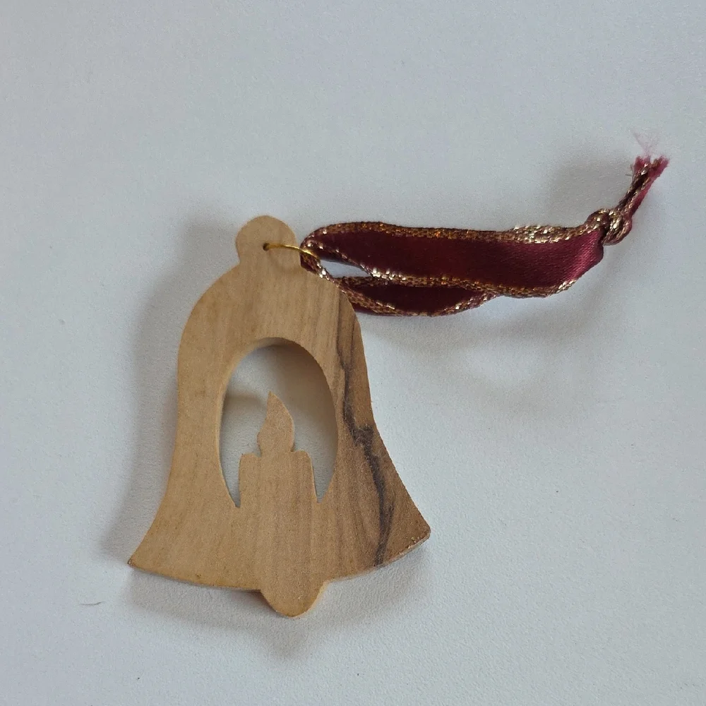 Christmas Ornament - Elegant Wooden Bell Ornament with Burgundy Ribbon